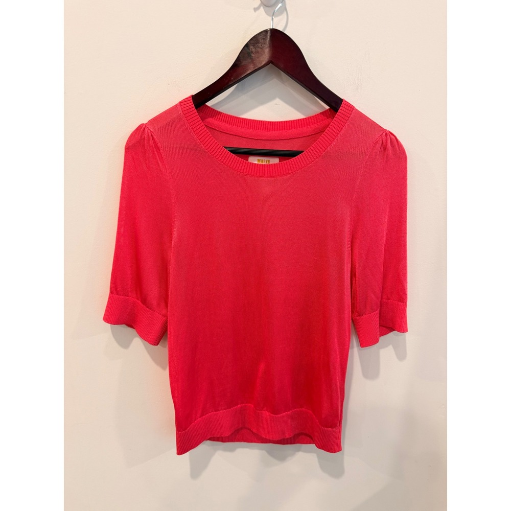Maeve Anthropologie Pink Short Sleeve Knit Sweater Top Medium Puff Sleeve